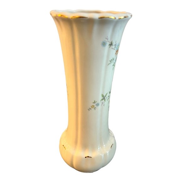 Vintage Floral Ceramic Porcelain Vase 9 in Tall, Gold Trim, Cream Ribbed Design - Picture 2 of 6